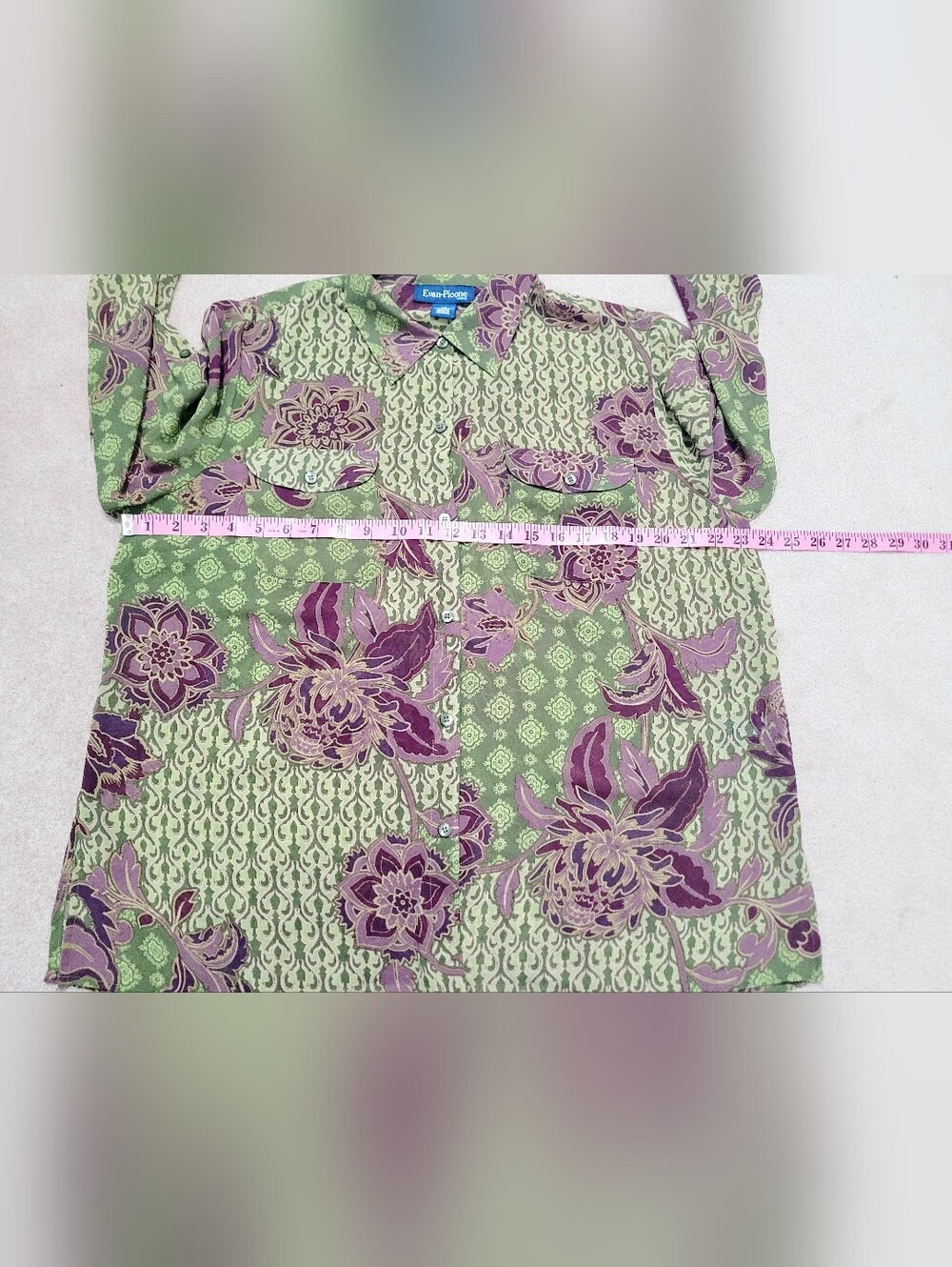 Evan-Picone Woman Size1X Floral Button Front Blouse Green Purple Boho Career Top - Picture 8 of 12